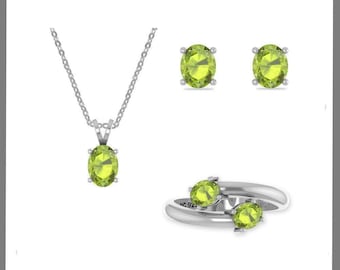 Natural Peridot Jewelry Set for Women in Sterling Silver, August Birthstone Gifts for Her Birthday, Anniversary (Necklace, Earrings, Ring)