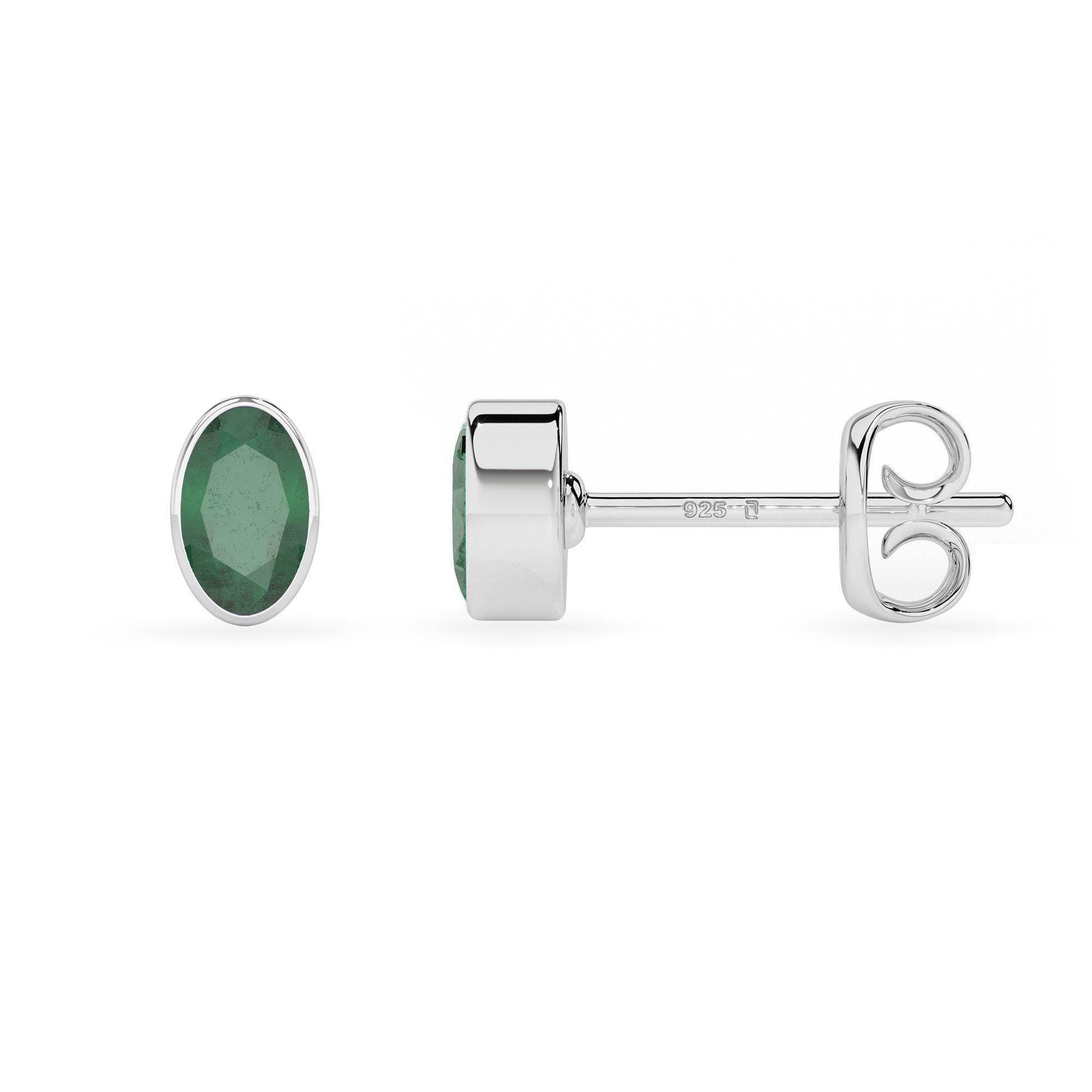 Natural Oval Emerald Stud Earrings, Gemstone Minimalist Dainty Silver Post Earrings, May Birthstone Jewelry Gifts for Her Birthday