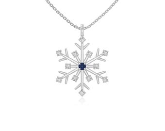 Natural Blue Sapphire Snowflake Pendant Necklace For Women, Silver/ Gold Vermeil
