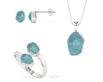 Natural Rough Aquamarine Jewelry Set for Women in Silver, March Birthstone Gifts for Her Birthday, Anniversary (Necklace, Earrings, Ring)