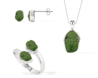Natural ROUGH Emerald Jewelry Set for Women in Sterling Silver, May Birthstone Gift for Her Birthday, Anniversary (Necklace, Earrings, Ring)