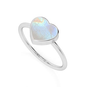 Herzform natürlicher Regenbogen Mondstein stapelbarer Ring aus Sterlingsilber, Juni Birthstone Frauen Ring, Schmuck Geschenk für ihr Verlobungsversprechen
