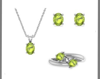 Natural Peridot Jewelry Set for Women in Sterling Silver, August Birthstone Gifts for Her Birthday, Anniversary (Necklace, Earrings, Ring)