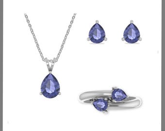 Natural Tanzanite Jewelry Set for Women in 925 Silver, December Birthstone Gifts for Her Birthday, Anniversary (Necklace, Earrings, Ring)