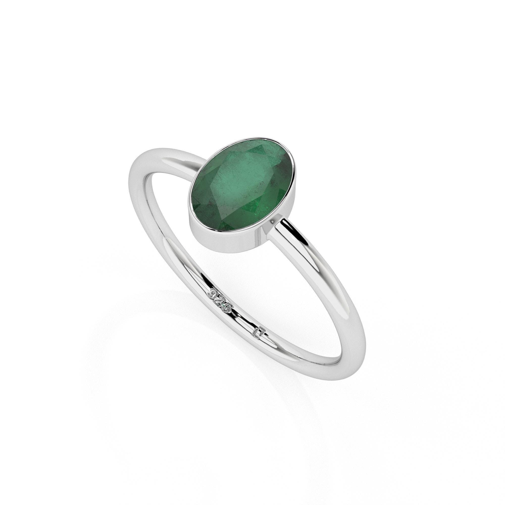 Bague En Argent Sterling 925 Avec émeraude Naturelle Ronde - Taille 8, Sertie D'or Jaune 14K, Bijou Cocktail