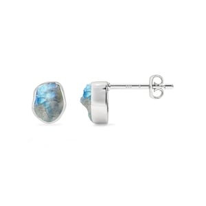 Natural Raw Rainbow Moonstone Stud Earrings, Gemstone Minimalist Dainty Silver Post Earrings, June Birthstone Jewelry Gifts for Her Birthday
