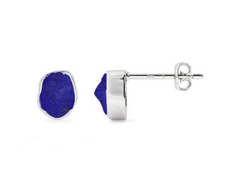 Raw Lapis Lazuli Stud Earrings: Sterling Silver September Birthstone