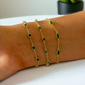 14k Gold Emerald Bracelet | Dainty Green Gemstone Bracelet | Classy Gold Chain Bracelet | Green Heart Bracelet