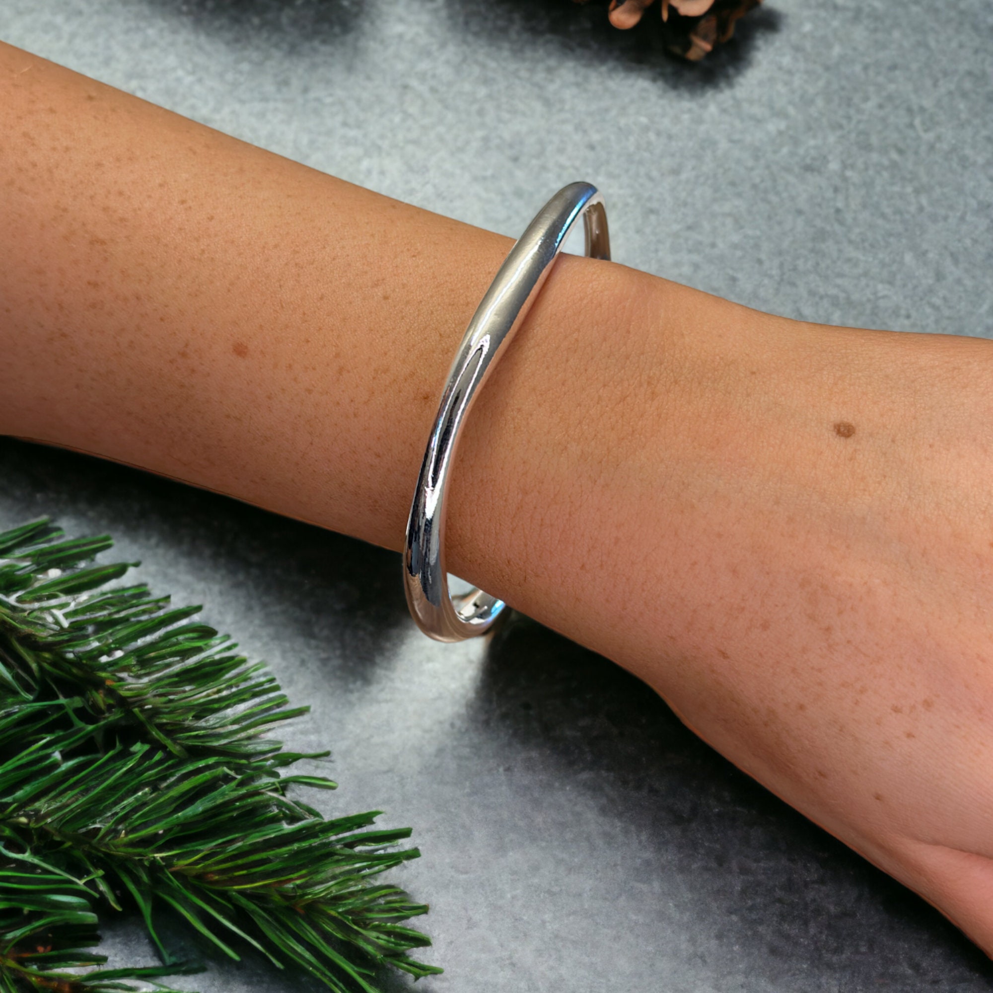 Chunky Sterling Silver Bangle | Shiny Silver Adjustable