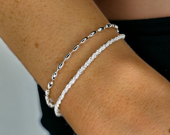 Sterling Silver Double Chain Bracelet | Silver Rice Chain Bracelet | Silver Layered Chain Bracelet | Unique Silver Bracelet