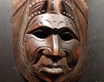 Mayan Ruler Mask with Quetzal Birds Carved Vintage Wood