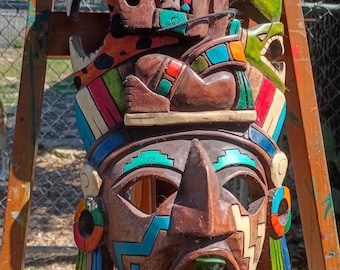 Hand Carved Wood Mask Aztec Mayan colorful