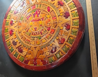 Huge 25 inch Mayan Aztec Calendar hand carved wood mosaic