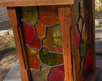 Vintage Wooden Candle Lantern Stained Glass Style