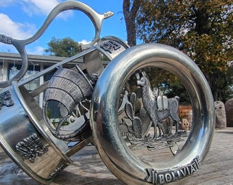 Bolivian Pewter Wine Bottle Cannon Carriage Caddy
