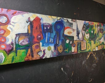 wide abstract painting winter urban futurism pictoglyph