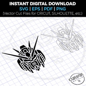 May include: Two black and white line art illustrations of a robot head with sharp points on a white grid background. The text "INSTANT DIGITAL DOWNLOAD" is at the top of the image. The text "SVG | EPS | PDF | PNG" is below the first line of text. The text "(Vector Cut Files for CRICUT, SILHOUETTE, etc.)" is below the second line of text. The text "CURSOR DECALS" is at the bottom right corner of the image.