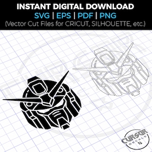 May include: Black and white line art illustration of a robot head with a visor and antenna. The image is on a grid background. The text "INSTANT DIGITAL DOWNLOAD" is at the top of the image. The text "SVG | EPS | PDF | PNG" is below the first line of text. The text "(Vector Cut Files for CRICUT, SILHOUETTE, etc.)" is below the second line of text. The text "CURSOR DECALS" is at the bottom right of the image.