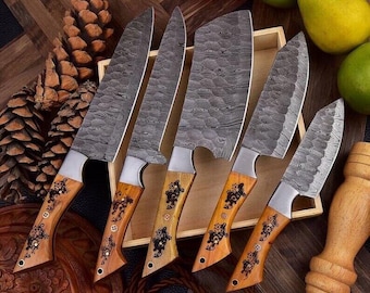 Chef Set, Handmade Damascus Steel Chef Knife Set, Hand Forged Kitchen Knife Set, Kitchen Use Set, Damascus Set, Christmas Gifts, Best Gifts
