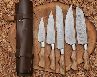Chef Set, Hand Forged Kitchen Knife Set, Handmade Damascus Steel Chef Knife Set, Kitchen Use Set, Damascus Set, Anniversary Gifts, Best Gift