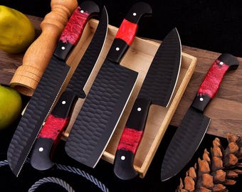Chef Set, Handmade Damascus Steel Chef Knife Set, Hand Forged Kitchen Knife Set, Powder Coated Chef Set, Anniversary Gifts, Best Mother Gift