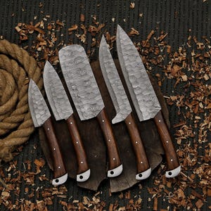 Chef Set, Hand Forged Damascus Steel Chef Set Of 5 Pcs, Kitchen Knife Set, With Leather Cover BBQ chef Set Anniversary Gifts, Christmas Gift