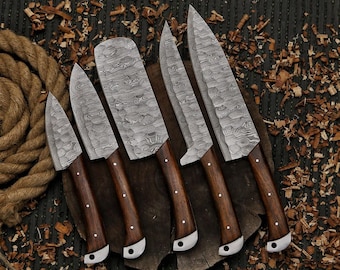 Chef Set, Hand Forged Damascus Steel Chef Set Of 5 Pcs, Kitchen Knife Set, With Leather Cover BBQ chef Set Anniversary Gifts, Christmas Gift