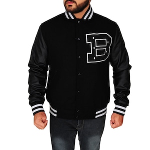 Customizable Wool Bomber Jacket: Leather Sleeves, Embroidered Varsity Style