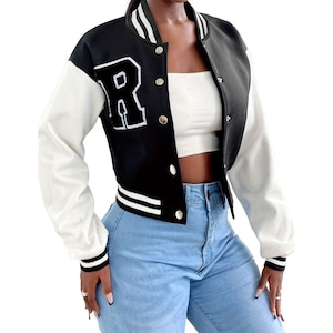 Chaqueta Letterman para mujer, chaquetas universitarias cortas, chaquetas Letterman de lana y cuero de colores personalizados, chaquetas universitarias cortas con letras personalizadas.