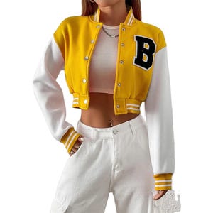Women&#39;s Cropped Varsity Jacket with Monogram Patch and Color Contrast Sleeves, Personalized for Teens, Varsity Crop Jackets
