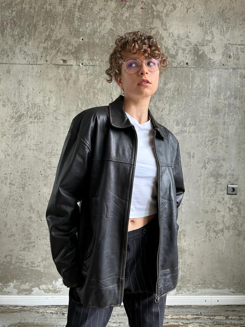 Oversized Sheep Leather Moto Jacket: Retro Bomber Biker Coat