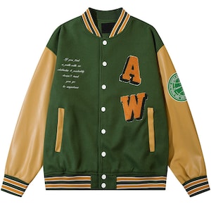 Embroidered Wool Varsity Jacket: Cowhide Sleeves, Retro Letterman Bomber