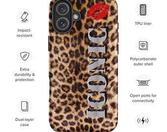Könnte beinhalten: Handyhülle mit Leopardenmuster, dem Wort "ICONIC" in Silber und einem roten Lippenstift-Kuss. Die Hülle ist stoßfest, hat ein TPU-Innenfutter, eine Polycarbonat-Außenschale und ist induktionsladegerätkompatibel.