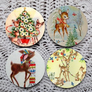 Festive Fawns -- Vintage Mid-Century Deer Christmas Card Mousepad Coaster Set