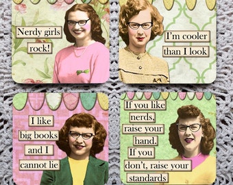 Revenge of the Nerds -- Funny Retro Sassy Girls Mousepad Coaster Set