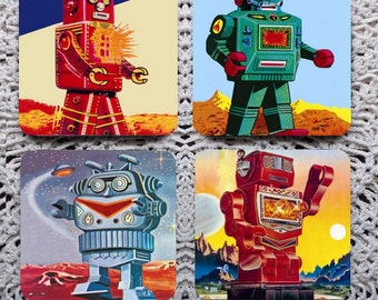 Rock 'Em, Sock 'Em -- Robot Mousepad Coaster Set