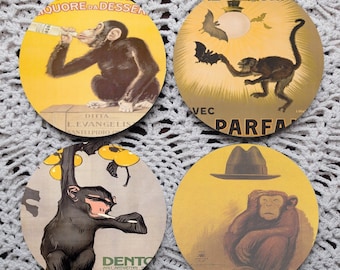 A Shrewdness of Apes -- Vintage Monkey Advertising Mousepad Coaster Set