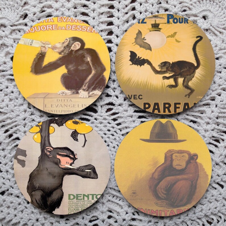 A Shrewdness of Apes Vintage Monkey Advertising Mousepad Coaster Set image 1