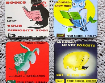 Visit Your School Library -- Vintage Library Poster Mousepad Coaster Set