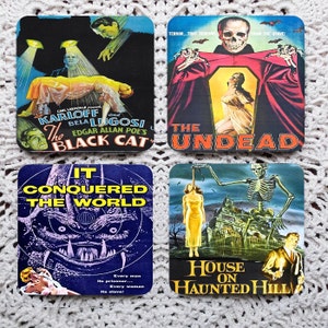 Bump in the Night -- Kitschy 50s Spooky Horror Movies Mousepad Coaster Set