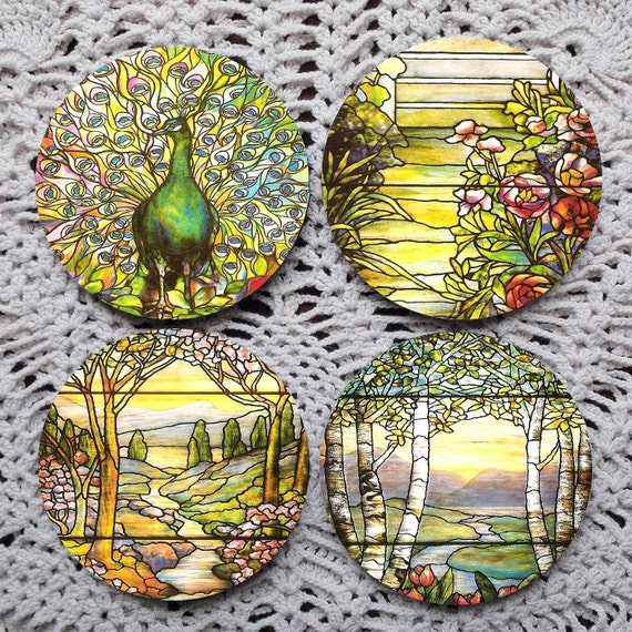 A Beautiful View -- Louis Comfort Tiffany Stained Glass Window Mousepad  Coaster Set