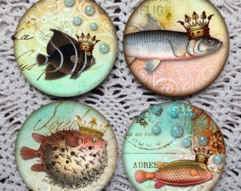 Something's Fishy Here --Fanciful Crowned Fish Mousepad Coaster Set