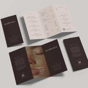 Brown luxury med spa trifold Canva template featuring an aesthetic image of smooth glowing skin, warm brown accents for text, and an elegant, upscale design. Editable digital service menu template for estheticians, facials, advanced skin treatments, and injectables. Digital download.