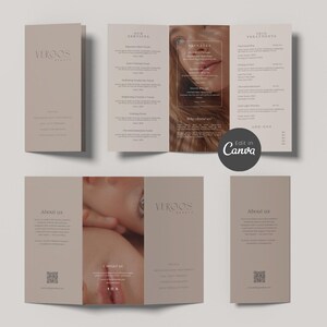 May include: A tri-fold brochure template for a beauty business named Vergos Beauty, featuring a neutral beige color palette, text sections for services and treatments, contact information, QR codes, and photographic imagery of a face and hands.