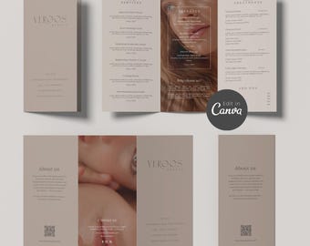 May include: A tri-fold brochure template for a beauty business named Vergos Beauty, featuring a neutral beige colour palette, text sections for services and treatments, contact information, QR codes, and photographic imagery of a face and hands.