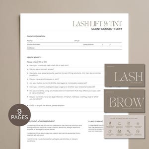 Op de afbeelding: Een wit Lash Lift & Tint toestemmingsformulier voor klanten met zwarte tekst, met secties voor klantinformatie, gezondheids- en veiligheidsvragen en handtekeningen. Drie kleine taupekleurige kaarten met Lash, Brow en Brow Microblading Aftercare.