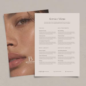 Può includere: Un modello di menu dei servizi con sfondo beige e una fotografia in primo piano di un volto sul lato sinistro. Il testo include le intestazioni Facials, Skin Treatments, Body & Beauty, Aesthetic Services e il logo BEYOND SKIN AESTHETICS.