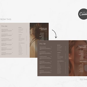 Puede incluir: Imagen de antes y despu&eacute;s de una lista de precios de sal&oacute;n de belleza, que pasa de un fondo beige claro a un fondo marr&oacute;n oscuro. La lista de precios incluye servicios para cejas, pesta&ntilde;as, depilaci&oacute;n y tratamientos avanzados para la piel. El texto "Edit in Canva" est&aacute; en la esquina superior derecha.