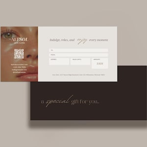 May include: A rectangular gift certificate for Aepsol Skin Clinic featuring a close-up of a face on the left, a QR code, contact details, and fields for recipient, sender, expiration, and amount. Below is a dark brown card with the text a special gift for you.