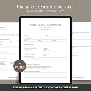 Pode incluir: Um ecrã digital que mostra um pacote de admissão e consentimento do cliente de quatro páginas para serviços faciais e estéticos. O documento inclui secções para histórico da pele, histórico médico, alergias e objetivos de tratamento.